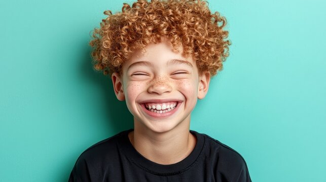 Cheerful Teen with Albinism Smiling Brightly Against a Light Studio Background