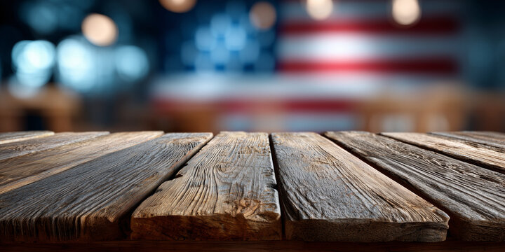 Empty rustic wooden table with blurred american flag bokeh background, perfect for independence day celebration concept
