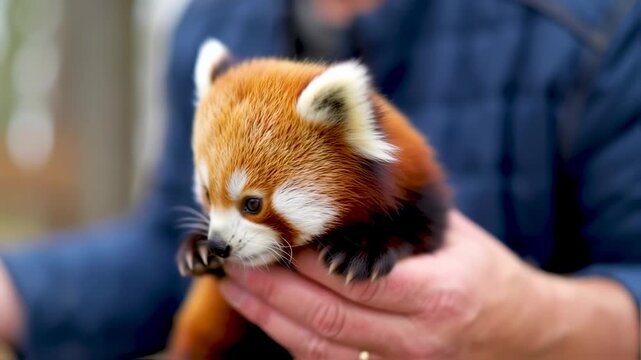 A fluffy, red-brown, white-eared animal is held in gentle hands against a blue background, in focus