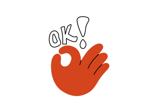 Okay gesture hand vector illustration showing perfect approval with ok text and exclamation mark. Isolated flat cartoon ok sign symbol on white background for positive communication