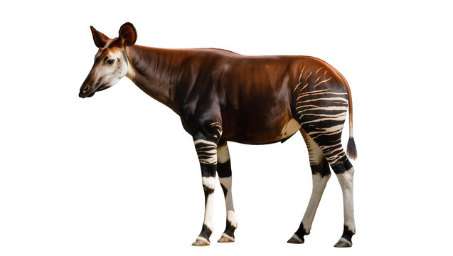 Okapi with zebra-like stripes on legs, isolated on transparent background
