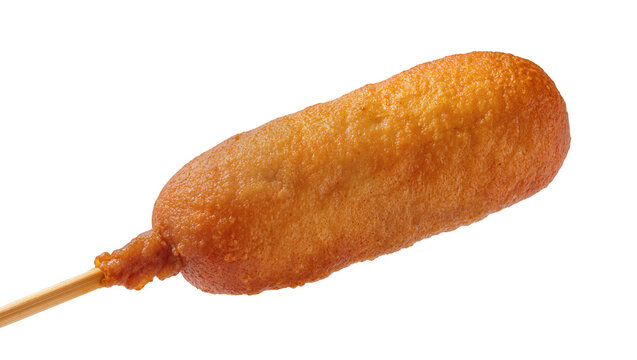Golden brown corn dog on a wooden stick, isolated on transparent background