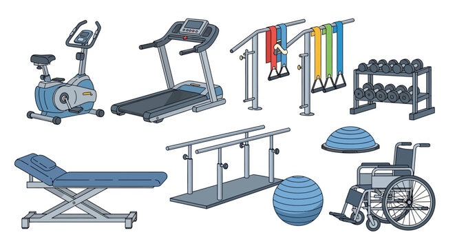 Collection of Fitness and Rehabilitation Equipment in Vector Style