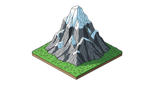 Isometric illustration of a solitary majestic snow capped mountain peak resting on a square base of lush green grass and dark brown earth soil textures.