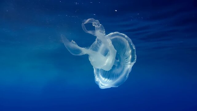 Translucent Jellyfish Peacefully Glide Through Dark Ocean Depths With Gentle Bioluminescent Light