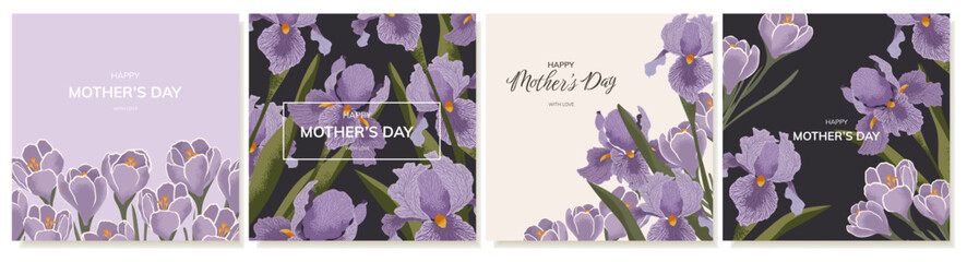 Happy Mother's Day square greeting cards with spring flowers. Purple Petals of Irises and Crocuses with textures. Background for congratulations on International Women's Day, Mother's Day. Vector © IVONINA