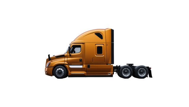 Orange semi-truck tractor with dual rear wheels, isolated on transparent background