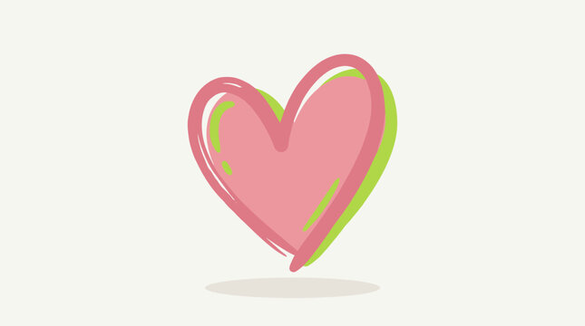 Handdrawn pink heart with a green shadow outline is suitable for lovethemed designs, valentines day projects, greeting cards, digital illustrations.