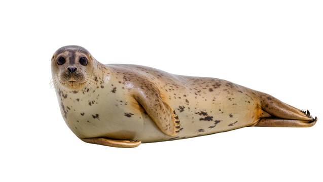 Spotted seal resting on its belly, isolated on transparent background