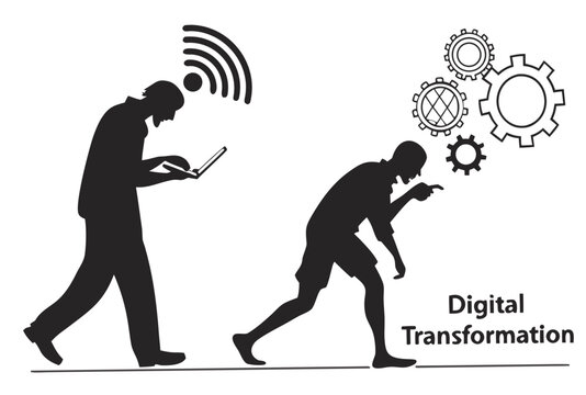 A vector graphic illustration of two people representing digital transformation with gears and Wi-Fi symbols