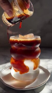 Pouring Black Coffee Over Ice Cubes in Glass &ndash; Iced Coffee Brewing With Melting Texture and Color Close Up