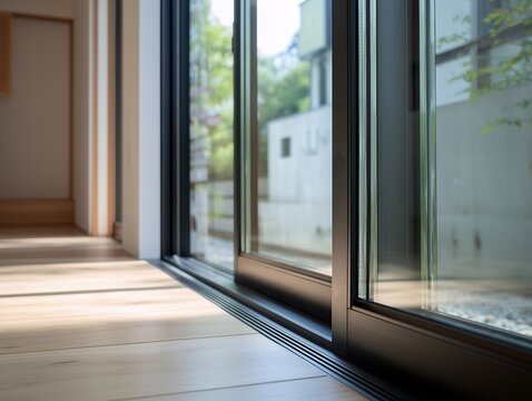 太陽の光が差し込む明るい部屋のフローリングと新しく清潔な引き戸のサッシの境界線
