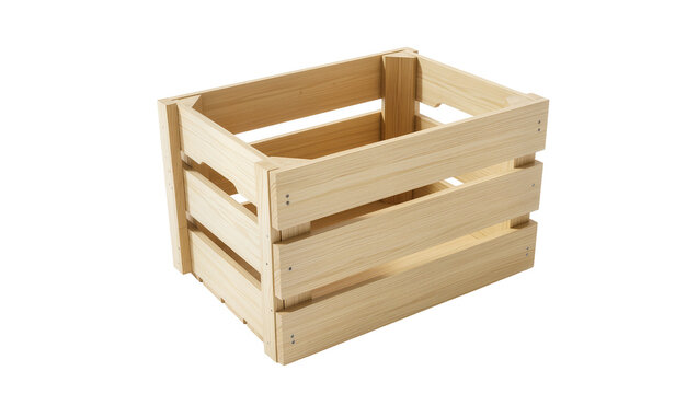 Empty wooden slatted crate for storage and transport, isolated on transparent background