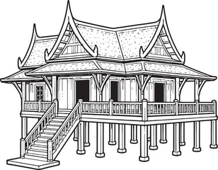 Naklejka premium Thai Traditional House Line Art, Southeast Asian Wooden Architecture Illustration, Minimal Black White Vector Building