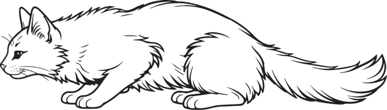 Somali cat pouncing crouch line art illustration, Somali cat hunting posture outline vector