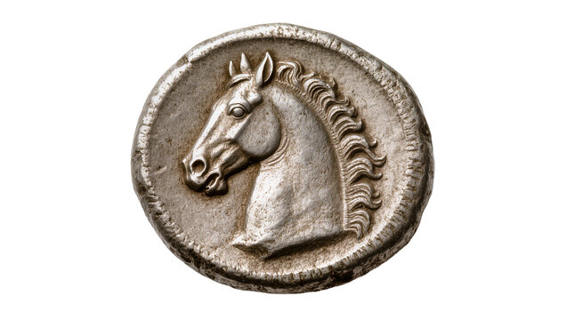 Ancient silver coin with horse head relief, isolated on transparent background