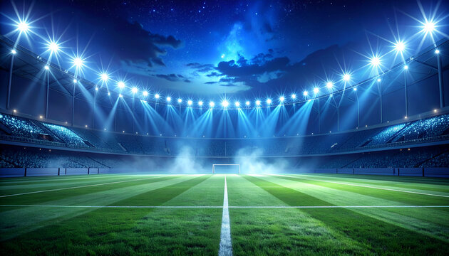 Illuminated football stadium at night with bright spotlights green grass and stars creating an exciting and vibrant sports scene
