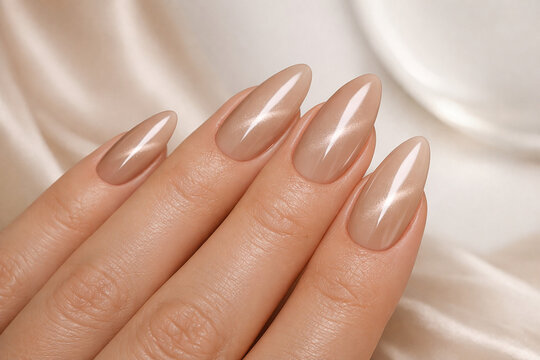 Nude Cat Eye Manicure on Long Almond Nails, Glossy Elegant Neutral Nail Design, Beauty Close Up