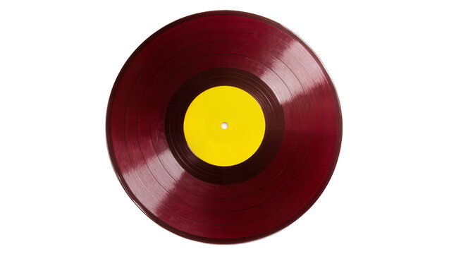 Deep red vinyl record with yellow label, isolated on transparent background
