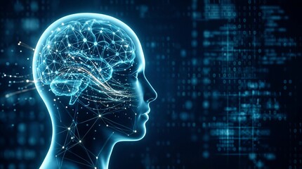 Obraz premium Artificial Intelligence Conceptual Illustration of Human Brain and Digital Data Network