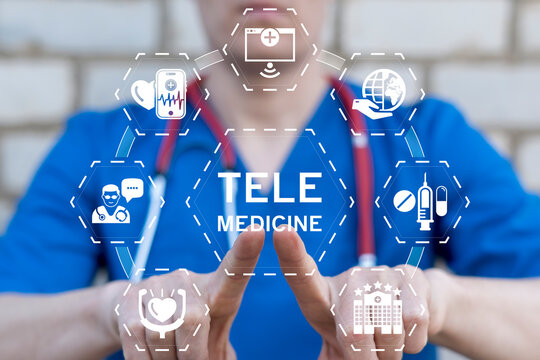 Concept of telemedicine. Doctor using virtual touch screen presses the text TELE MEDICINE.