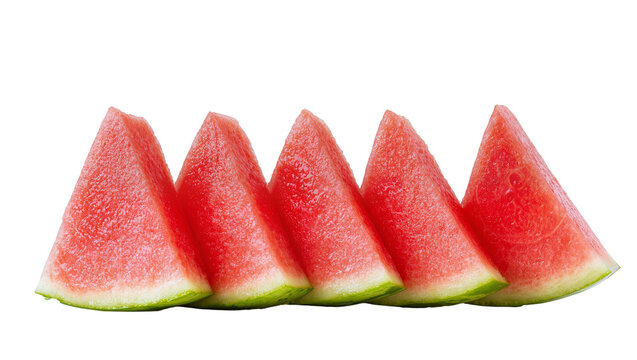Five juicy watermelon slices with green rind, isolated on transparent background