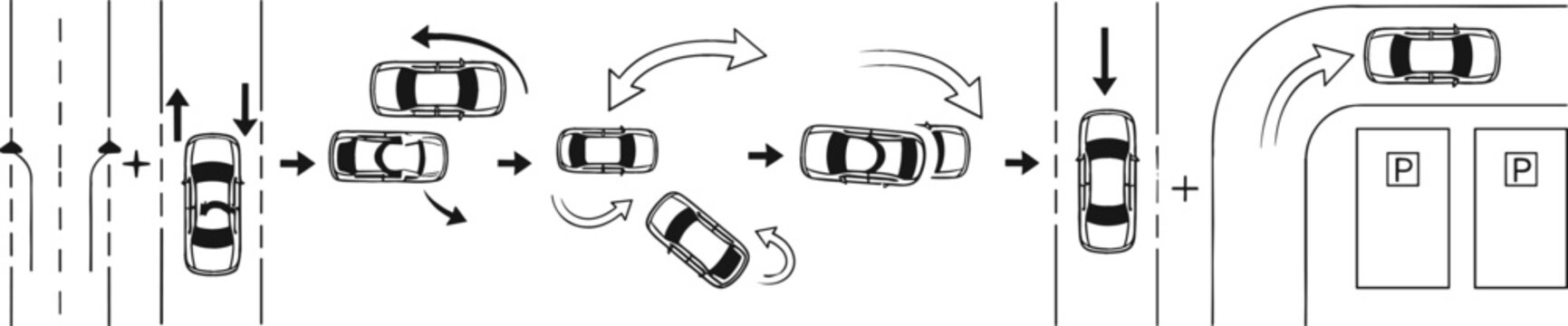 Parallel Parking Instruction Diagram with Car Maneuver Steps Steering Directions and Road Markings for Driving School Education and Vehicle Training Design