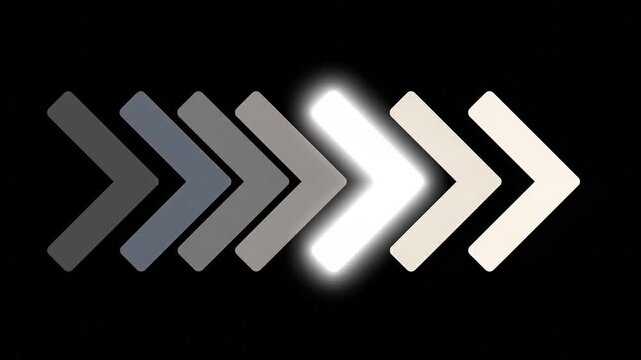 Graphic animation showing a dynamic progression of numerous right-pointing chevron arrows glowing sequentially from dark to light shades