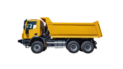 Yellow dump truck with large cargo bed, isolated on transparent background © Elena