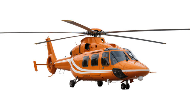 Orange twin-engine helicopter with white stripes, isolated on transparent background
