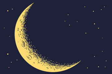 Naklejka premium Stylized Crescent Moon and Stars in Dark Night Sky.