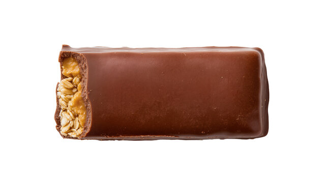 Chocolate covered granola bar with visible oats and caramel, isolated on transparent background