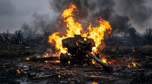 Destroyed Artillery Cannon Burning on a Battlefield