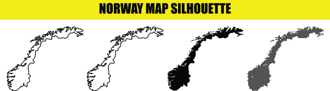 Norway map silhouette set with thin outline solid black and pixelated vector designs for scandinavian travel plans.