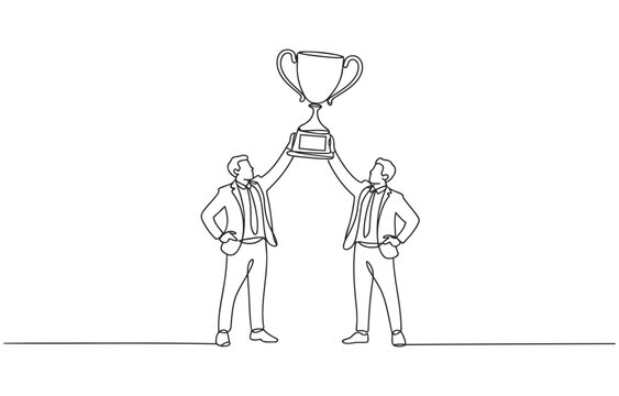 Two businessmen holding a trophy together in a single line drawing style with line art business teamwork achievement celebration competition champion partners collaboration together