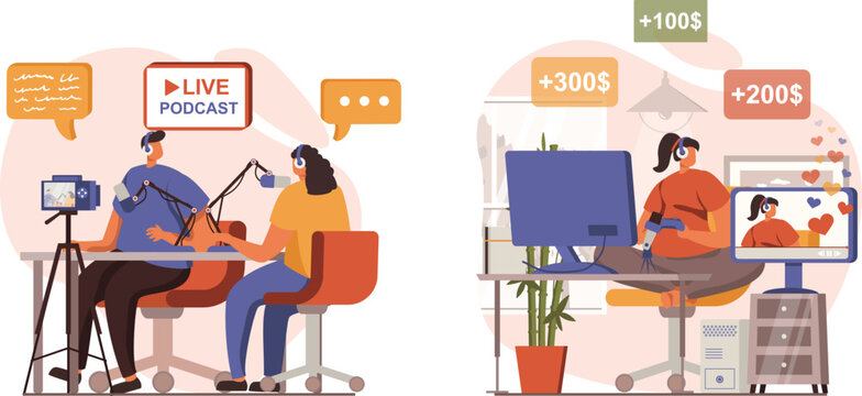 Modern talk show set with hosts and live podcast equipment