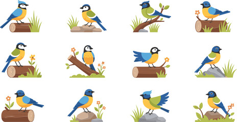 Blue Tit Bird Collection on Logs with Flowers and Grass – Vector Illustration Set © Sufea
