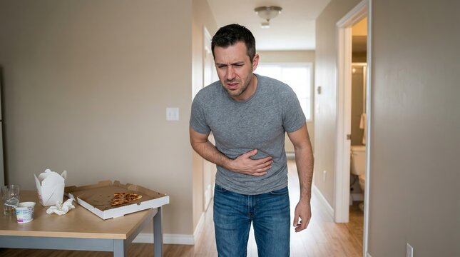 Man experiencing food poisoning kitchen stock photo indoor candid health crisis