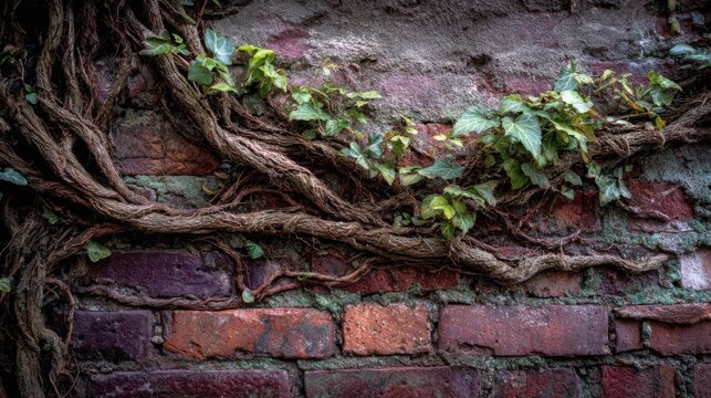 Tangled Ivy Tendrils Climbing Over Weathered Brickwork Wall Texture