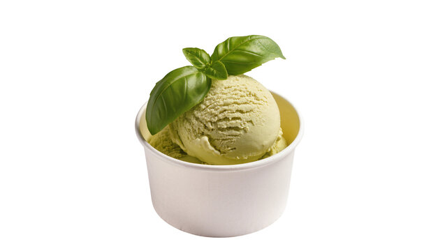 Scoop of pale green ice cream with basil leaves, isolated on transparent background