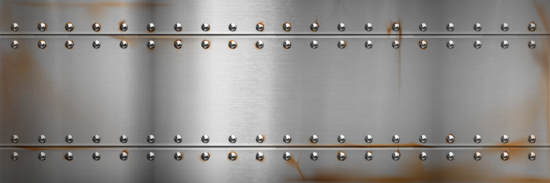 Steel metal rusty border, background with rivets and iron texture, vector illustration. Old polished silver sheet, surface panel with bolts, realistic scratches or metallic sheen, airplane wall design