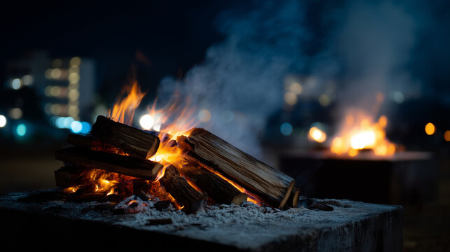 Memorial fire ceremony outdoors at night, funeral pyre with smoke and ash, respectful cremation concept, glowing wood flames, urban cremation ground, solemn dark atmosphere, realis