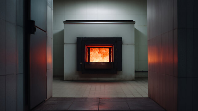 Crematorium furnace with fire inside, funeral industry interior, cremation equipment, memorial ceremony concept, mortuary facility, respectful end of life service, realistic profes