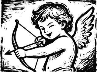 Fototapeta premium Vintage cupid illustration aiming bow and arrow with angel wings and curly hair