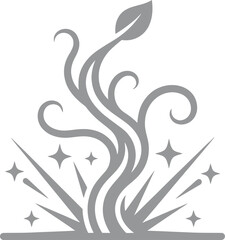 Fototapeta premium Magic beanstalk growing from ground, mystical plant with swirling vines and sparkling stars, enchanted sprout vector illustration in grey