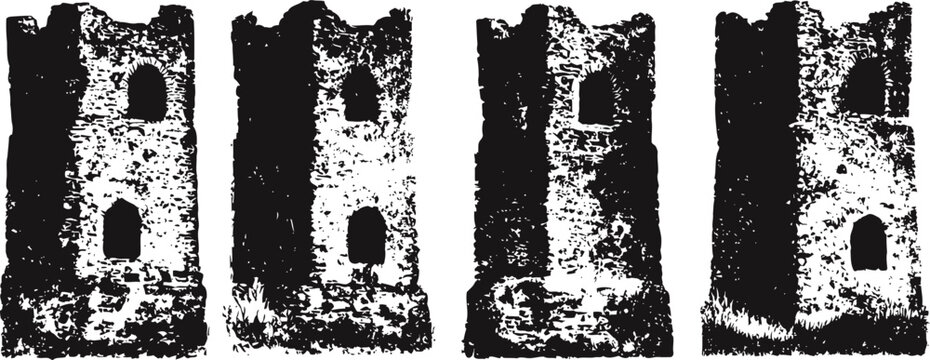 ancient stone tower ruins with arched windows and textured stone walls