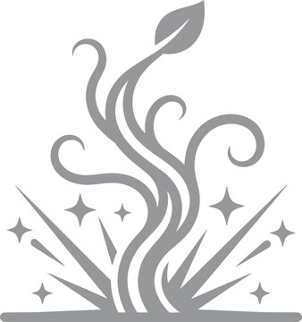 Magic beanstalk growing from ground, mystical plant with swirling vines and sparkling stars, enchanted sprout vector illustration in grey