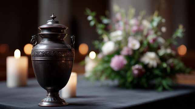 Bronze memorial urn with flowers in chapel, funeral tribute arrangement, cremation remembrance, candlelight mourning scene, elegant respectful farewell, sympathy concept, sharp rea