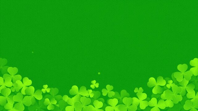 Green clover leaves background with shamrock pattern on chroma key screen, festive st patricks day animation backdrop with space for text, seamless loop design