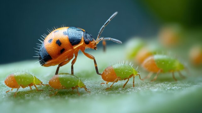 Vibrant Orange and Black Adult Ladybug Investigates Tiny Green and Orange Larvae on a Leafy Surface